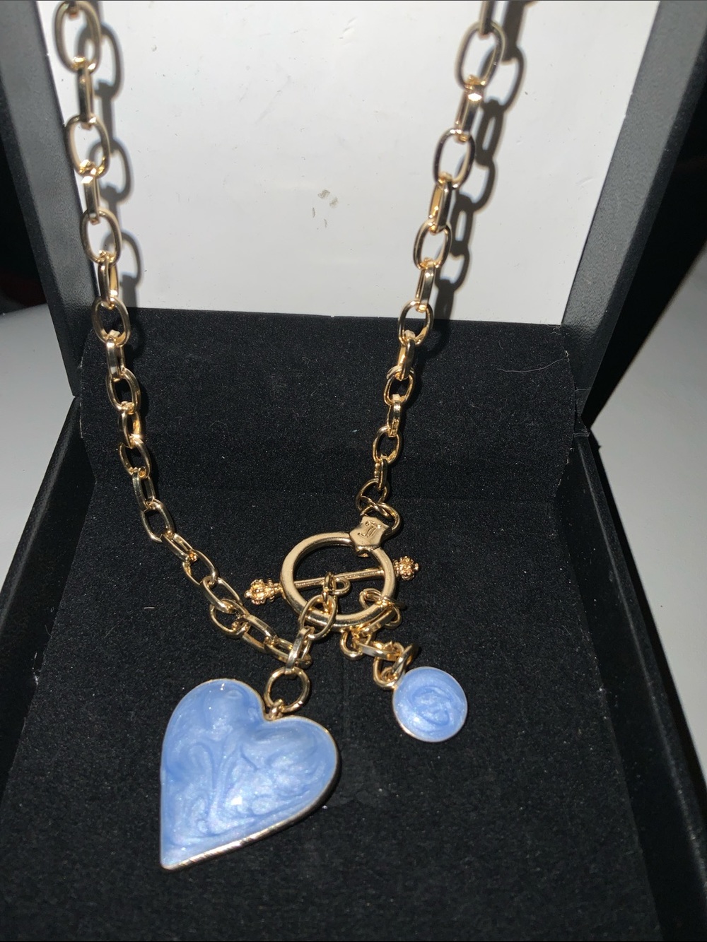 Gold Chain Toggle Necklace with Blue Heart Charm
